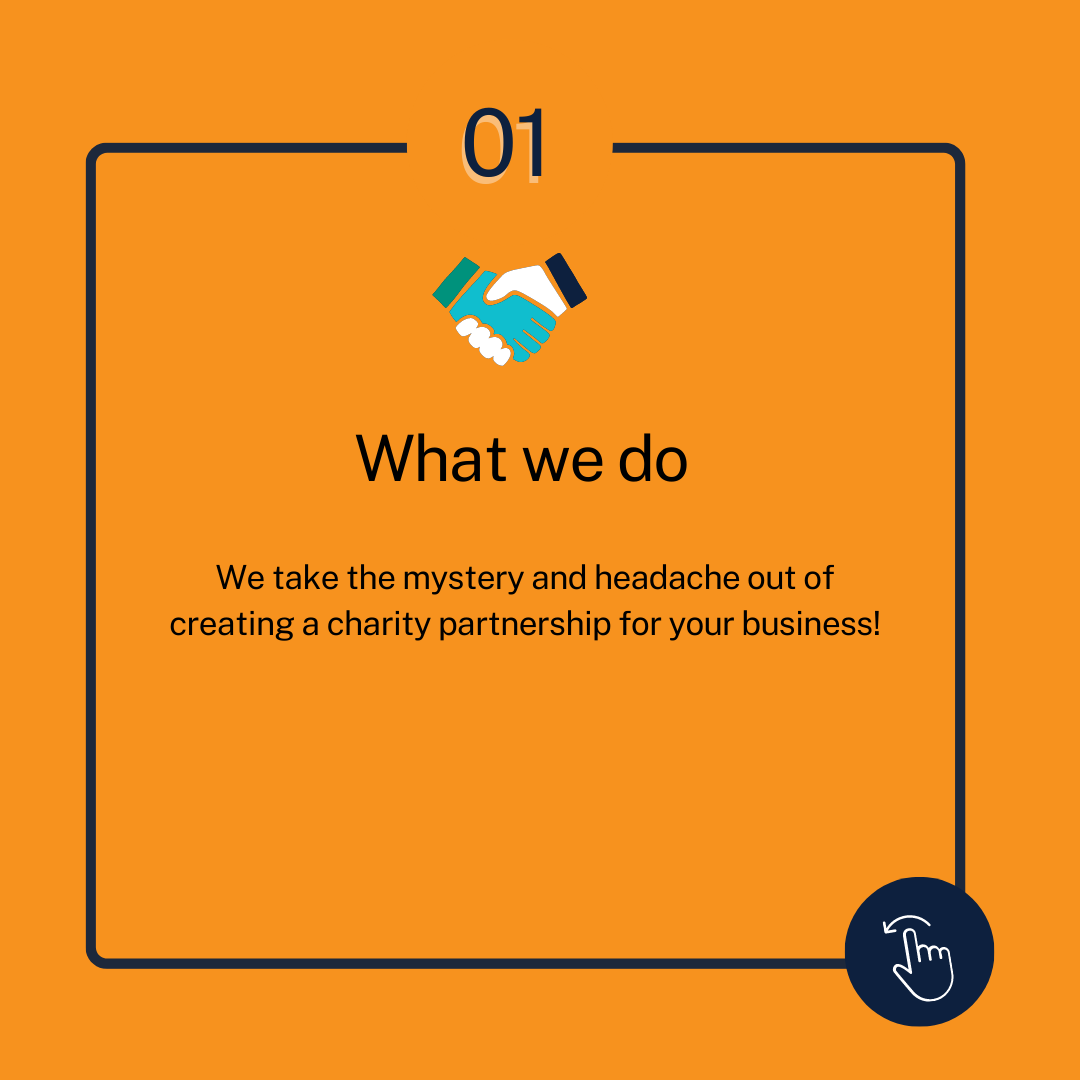 Orange tyle with an icon of a handsake saying: What we do: WE take the mystery and headache out of creating a charity partnership for your business!