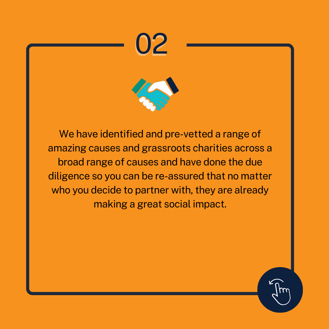 An orange tile with an icon of a handshake saying: WE have identified and pre-vetted a range of amazing causes and grassroots charities across a broad range of causes and have done the due diligence so you can be re-assured that no matter who you decide to partner with, they are already making a great social impact.