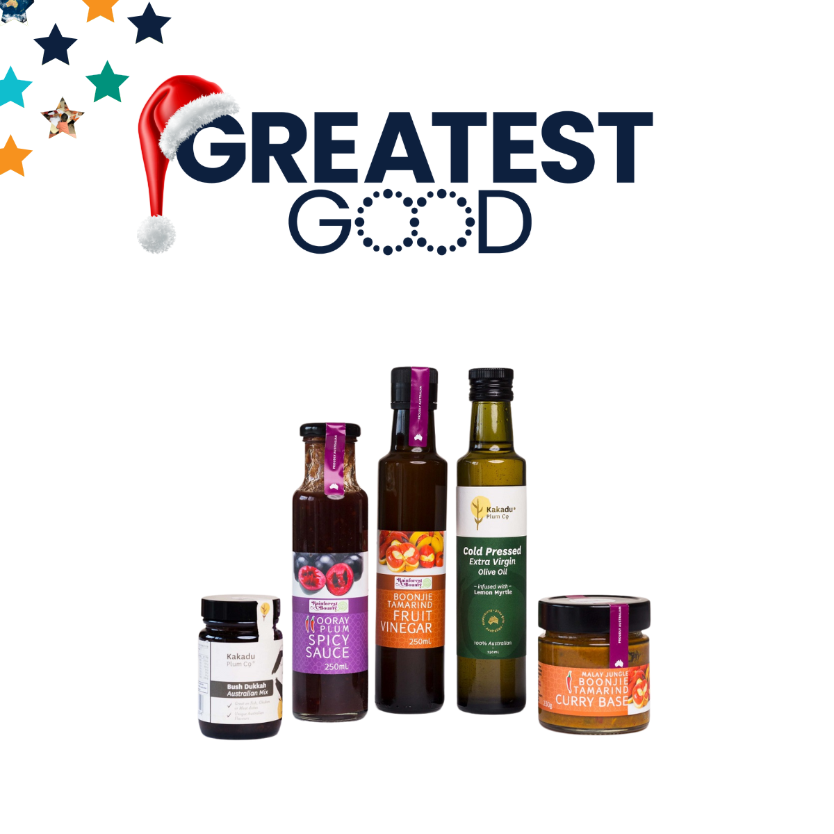 A selection of gourmet food products, including bottles of oil, sauces, and condiments, with branding such as Kakadu Plum Co. and Qooriay. The Greatest Good logo featuring a Santa hat is displayed above