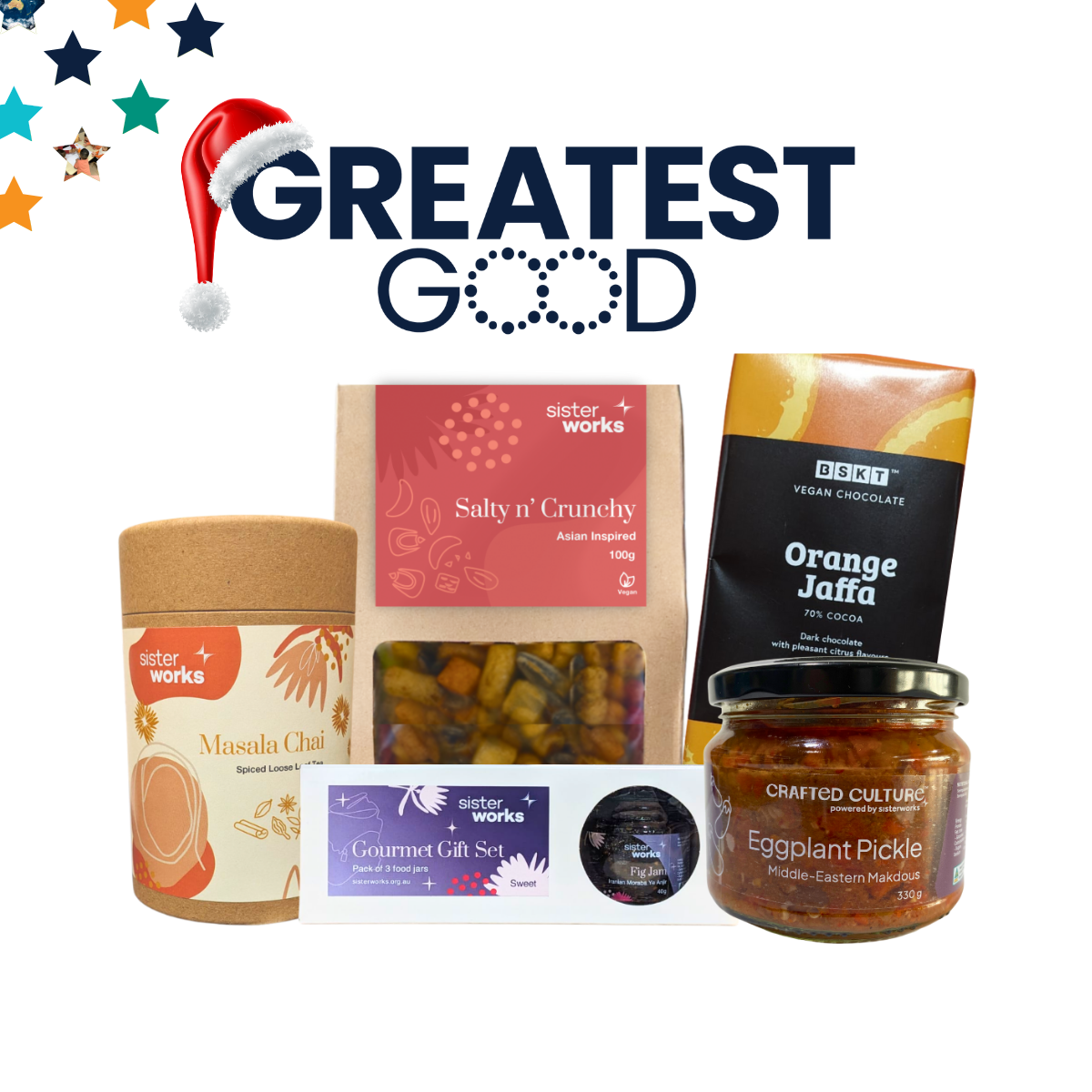 A curated gift pack featuring SisterWorks-branded snacks, masala chai, a gourmet jam gift set, dark chocolate, and eggplant pickle. The Greatest Good logo with a Santa hat is prominently displayed