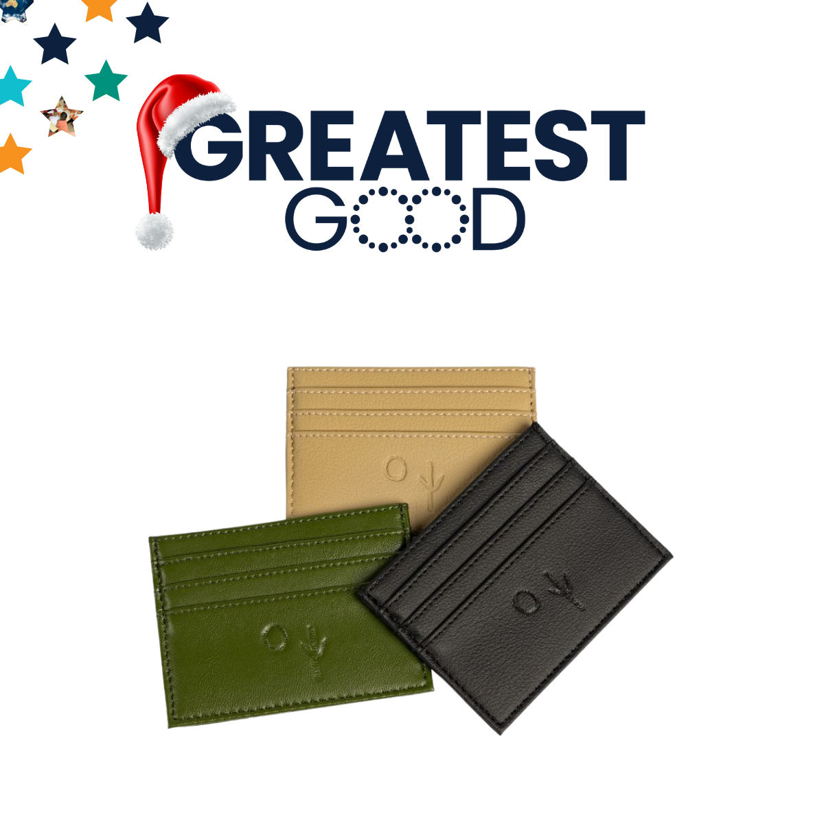 Three minimalist leather card holders in black, green, and tan, displayed against a white background. The Greatest Good logo with a Santa hat appears above.