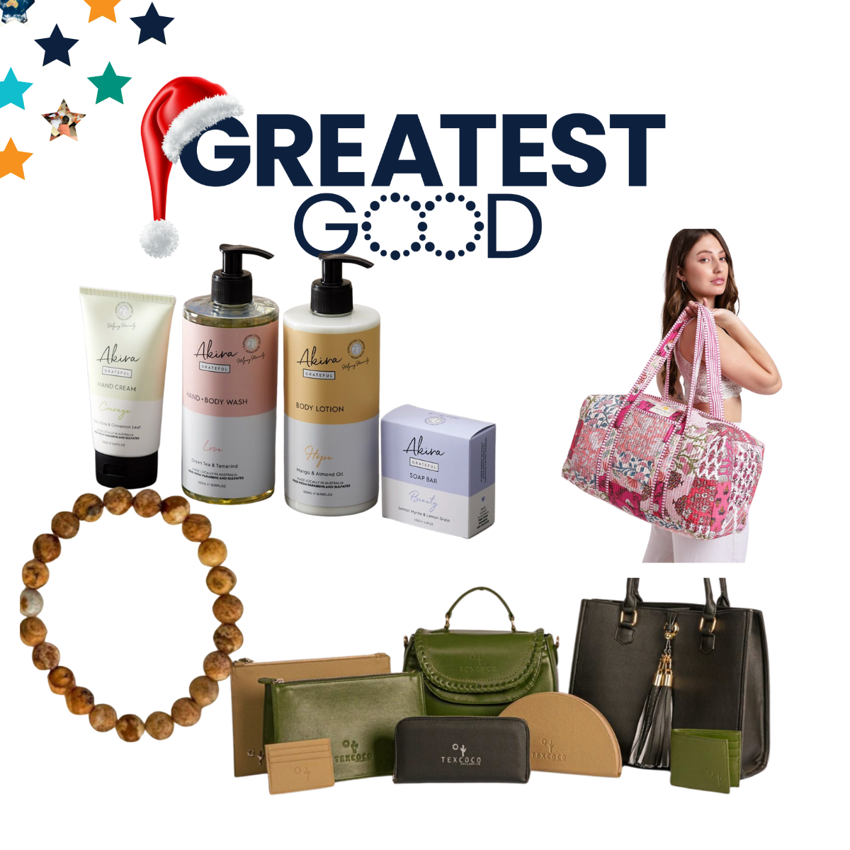 A range of curated gift options under the Greatest Good logo with a Santa hat. Items include a body care gift set, a pink patterned overnight bag, handmade jewellery, green wallets, and handbags