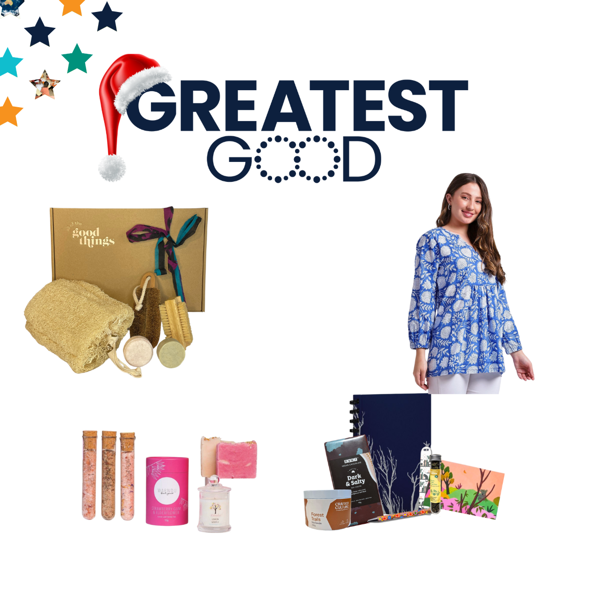 The Greatest Good logo with a Santa hat surrounded by thoughtful gift options. Items include a bath and body gift box, a blue floral blouse, handmade soaps, pink bath salts, and a chocolate gift set.