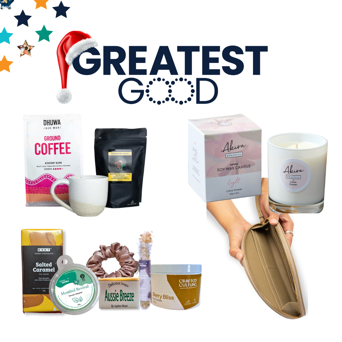 A selection of gifts under the Greatest Good logo with a Santa hat. Items include coffee packs, a mug, a scented candle, vegan salted caramel chocolate, soap, bath salts, a scrunchie, and a tan wallet.