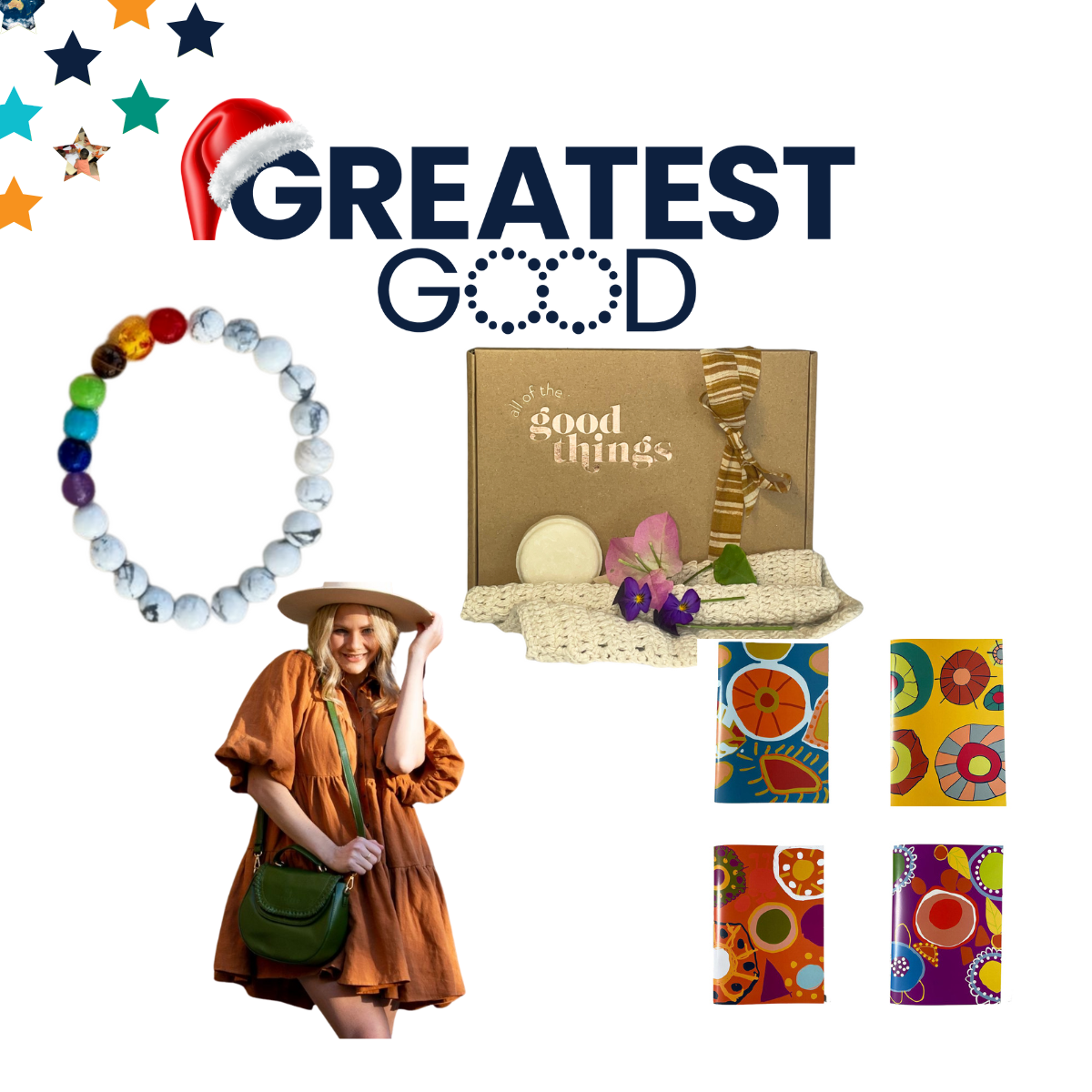 A collage featuring the Greatest Good logo with a Santa hat and an assortment of gifts for her, including a colourful beaded bracelet, a green handbag, a knitted gift set, and colourful Aboriginal art-inspired notebook covers