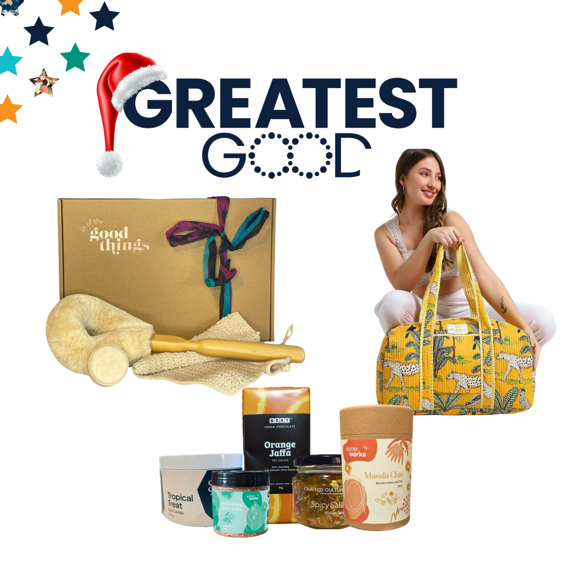 A collage under the Greatest Good logo with a Santa hat. Gifts include a bath gift set with a loofah and soap, a vibrant yellow tote bag with a cheetah print, and food items like tropical treats, spicy salt, vegan chocolate, and Masala Chai. A smiling woman is holding the tote bag on the right