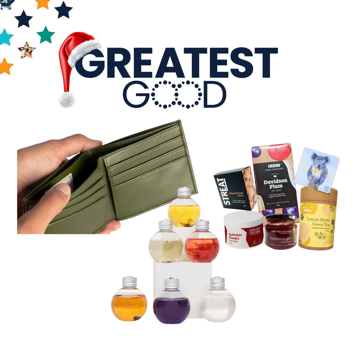 A selection of gifts under the Greatest Good logo with a Santa hat. Items include a green wallet being held open, a pyramid of colourful glass jar candles, and food items such as Davidson Plum chocolate, raspberry jam, and lemon myrtle green tea