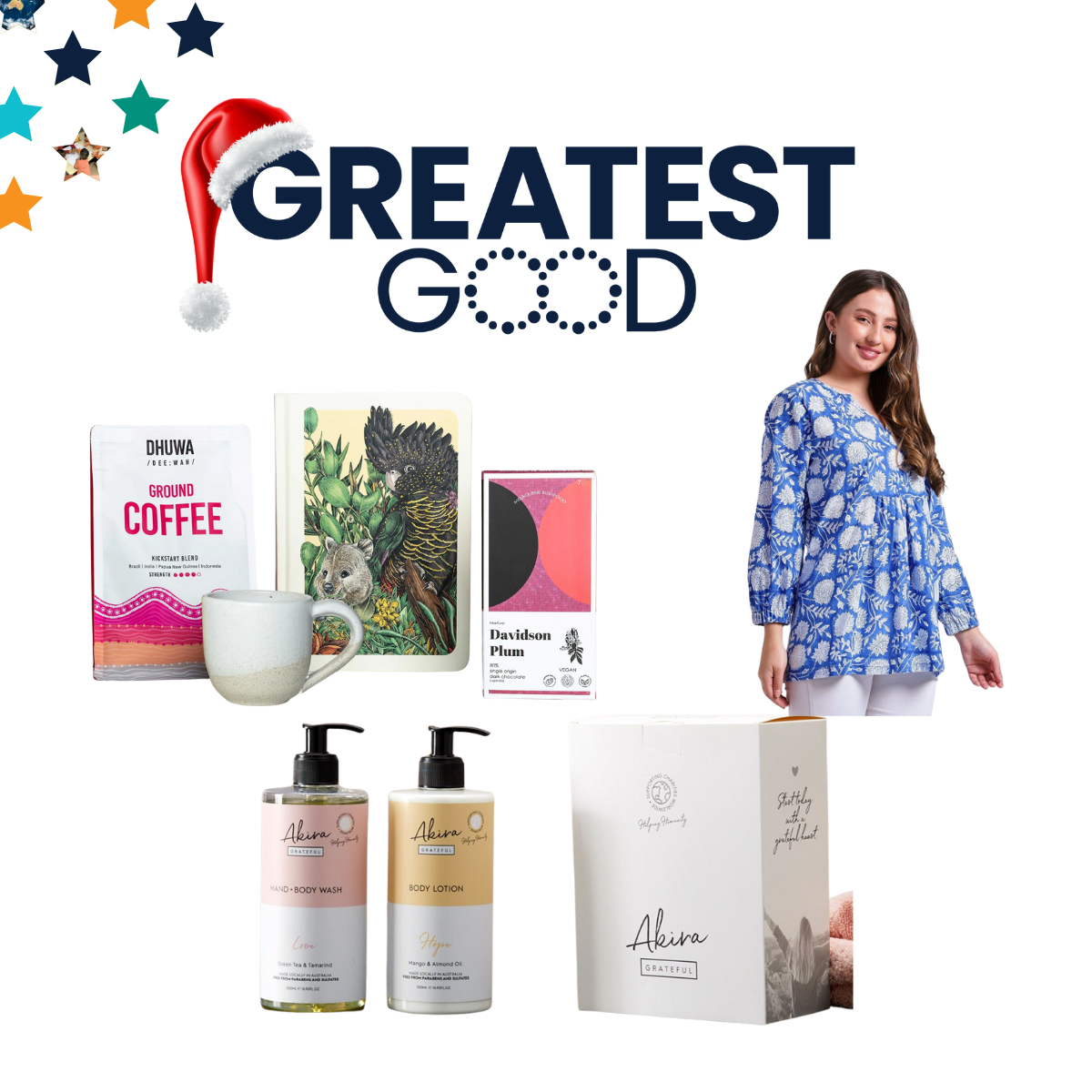 A collection of gift ideas under the Greatest Good logo with a Santa hat. Items include ground coffee, a ceramic mug, a wildlife-illustrated notebook, Davidson Plum chocolate, body wash, body lotion, and a blue floral blouse worn by a smiling woman on the right