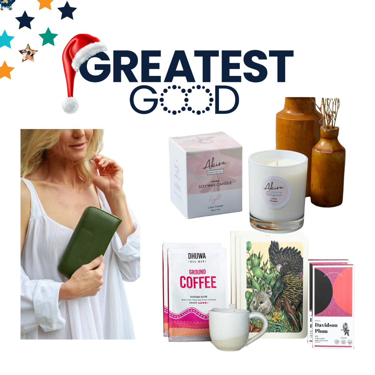 A collage featuring the Greatest Good logo with a Santa hat and a selection of gifts, including a green wallet, a scented candle, decorative vases, coffee, a mug, an illustrated notebook, and Davidson Plum chocolate. A blonde woman is holding the green wallet in the bottom left