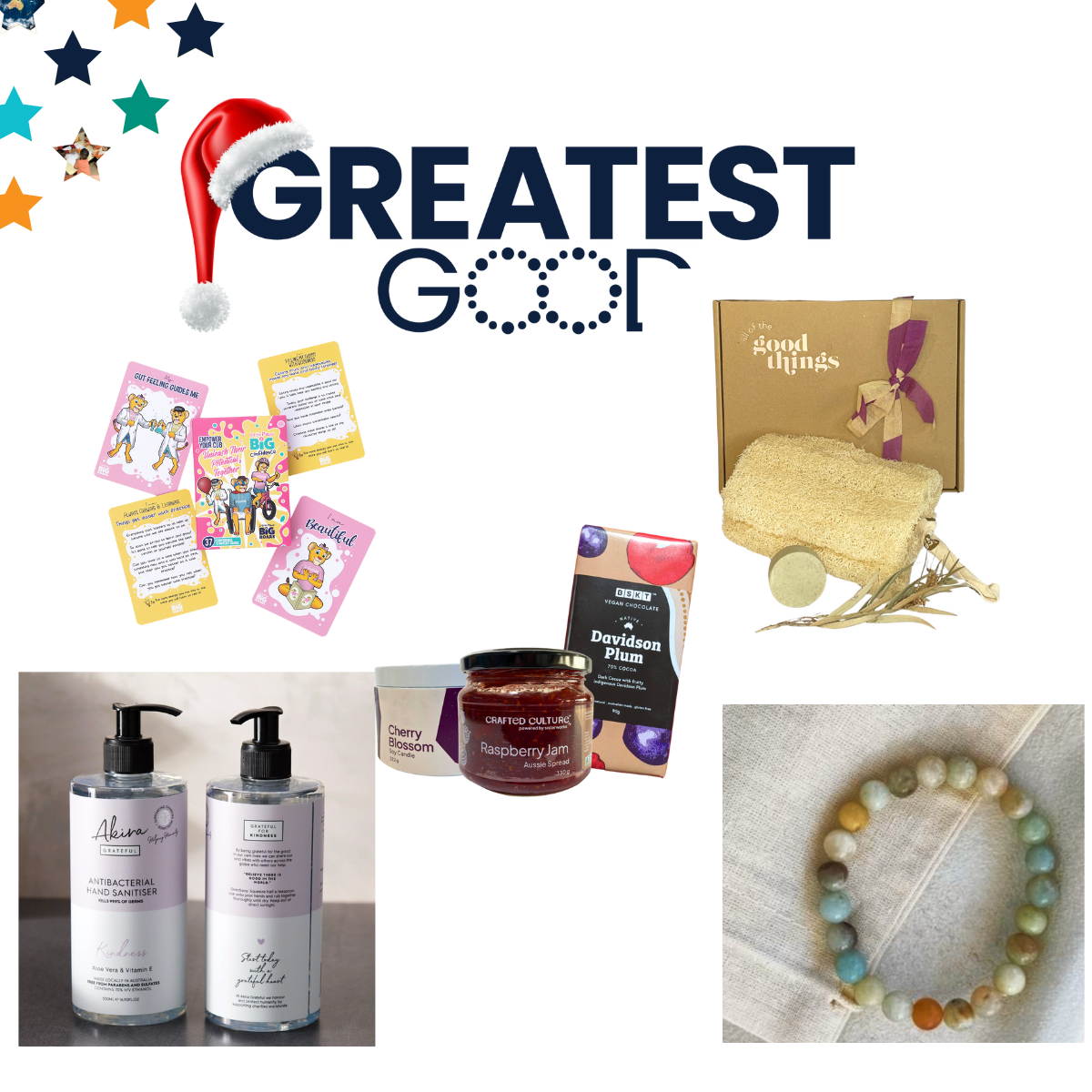 A tile with stars and the Greatest Good logo wearing a christmas hat features product images from Little Paws Big Roars, All of the Good Things, Akira Grateful, Sisterworks and HiHandmade