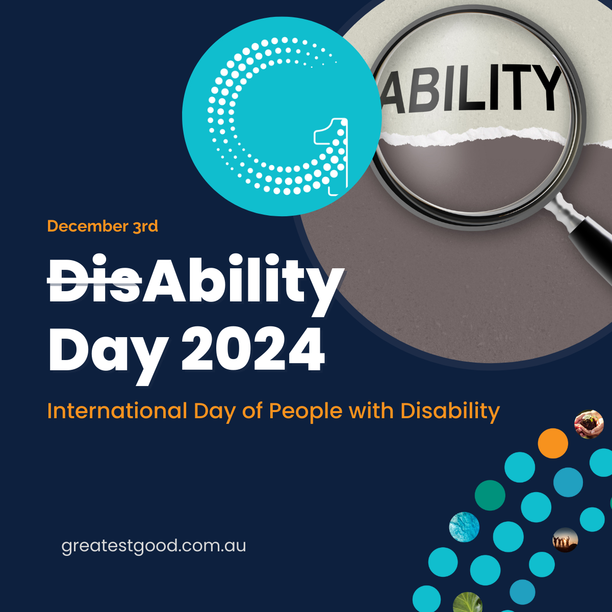 A navy-blue background promoting the International Day of People with Disability on December 3rd. Bold text reads 