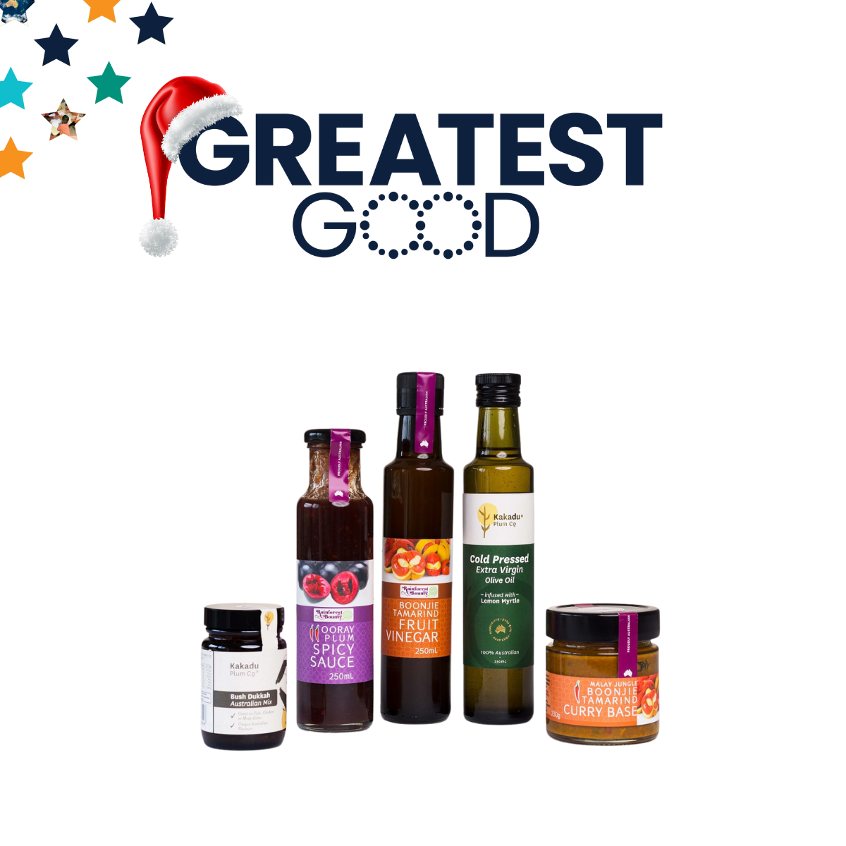 A collection of native Australian pantry essentials from Kakadu Plum Co., including sauces, oils, and spices, displayed with the 