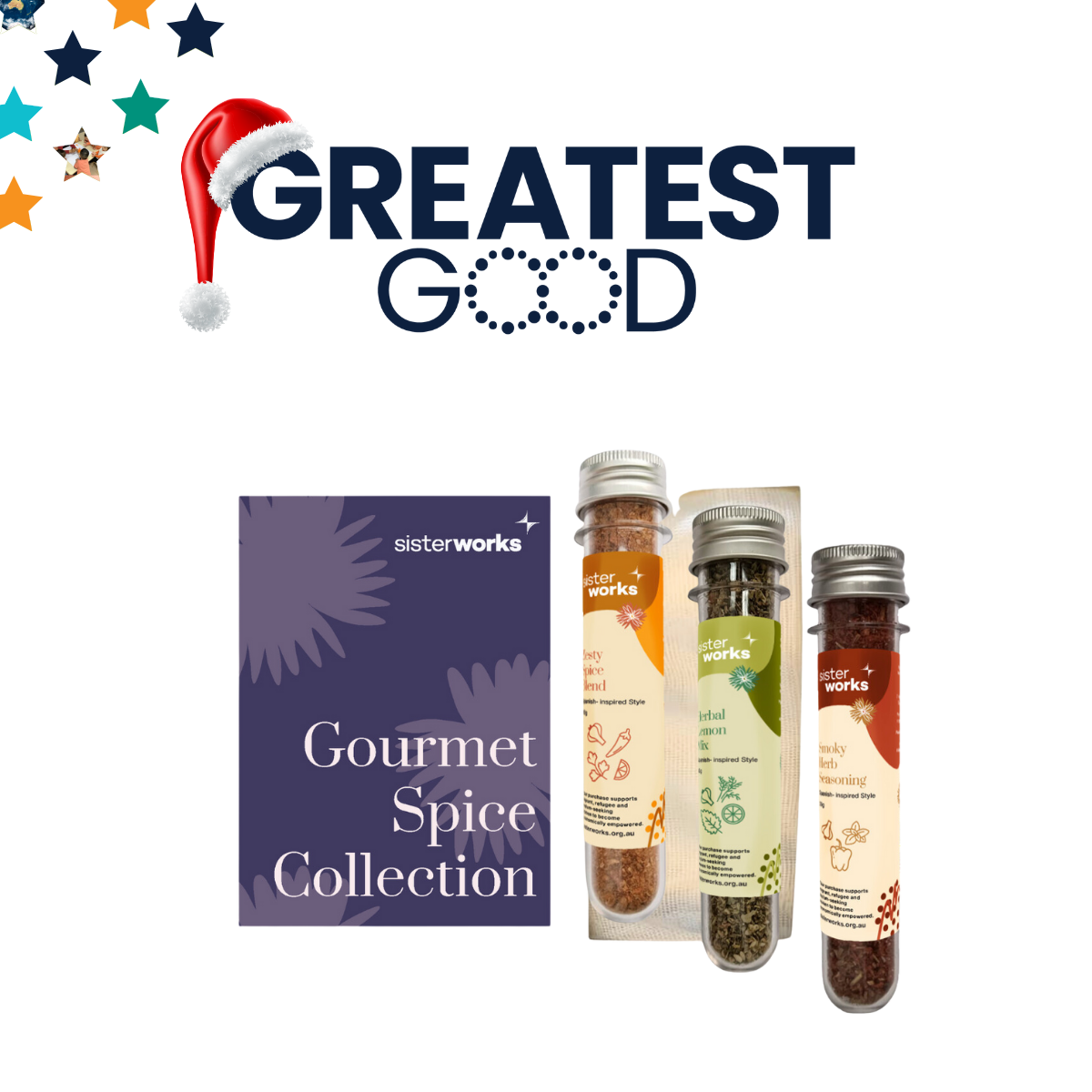 A SisterWorks Gourmet Spice Collection featuring three spice blends in glass tubes and a decorative box, displayed with the 