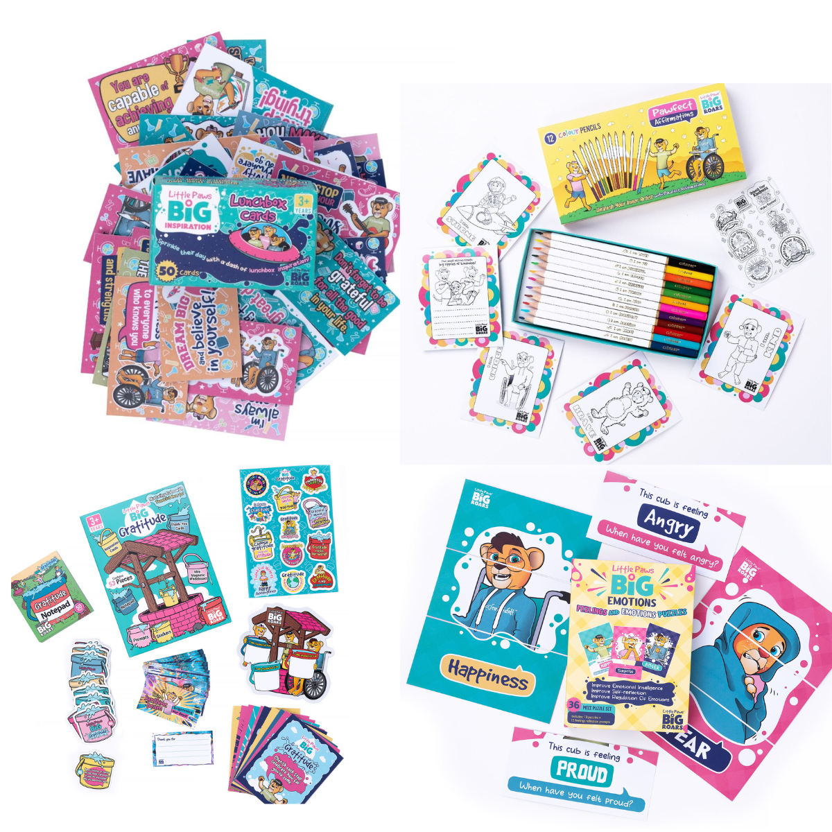 A variety of educational and inspirational resources from Little Paws Big Roars, including colourful cards, colouring pencils, stickers, and activity books designed to encourage emotional growth and creativity in children